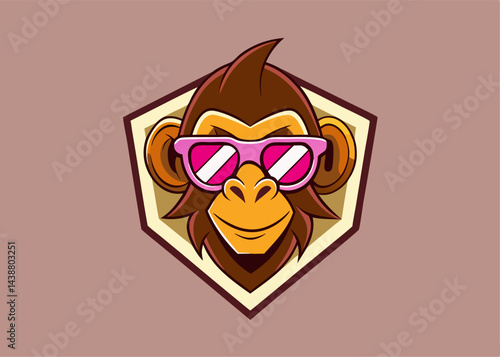 Cool Monkey Mascot: A hip monkey dons stylish sunglasses, radiating coolness and charm within a detailed hexagonal badge, ready to represent any brand with playful versatility.