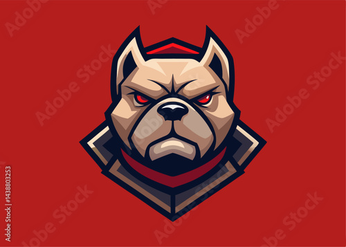 Strong Bulldog: A dynamic illustration of a powerful bulldog's head with intense red eyes, poised against a bold red background. The artwork showcases the animal's strength and determination