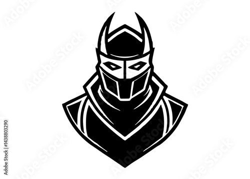 Black Knight Logo: A fierce and stylized black knight, helmet adorned with horns, gazes intently, conveying power and mystery. This vector graphic is ideal for gaming, branding.