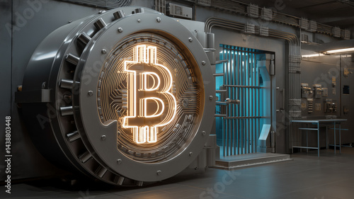 Vault door with a glowing symbol. Security and digital currency concepts are represented in a striking, modern scene.