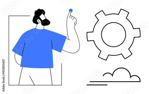 Man interacting with a gear representing configuration, settings, or technology optimization. Ideal for technology, software, innovation, productivity, creativity, teamwork simple landing page