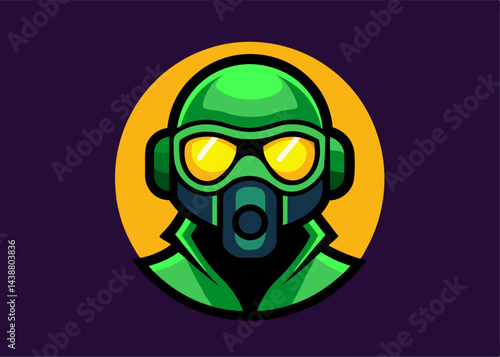 Guardian in Green: A striking illustration of a futuristic guardian in a green ensemble, complete with a gas mask and advanced eyewear, set against a warm circular backdrop.