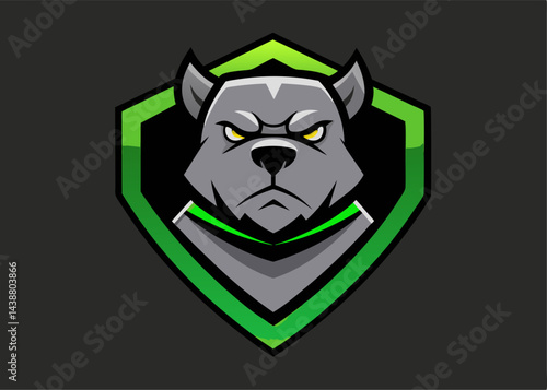 Vigilant Guardian: A stylized illustration of a strong dog character, embodying a sense of protection and vigilance within a shield-shaped emblem, perfect for branding and design needs.