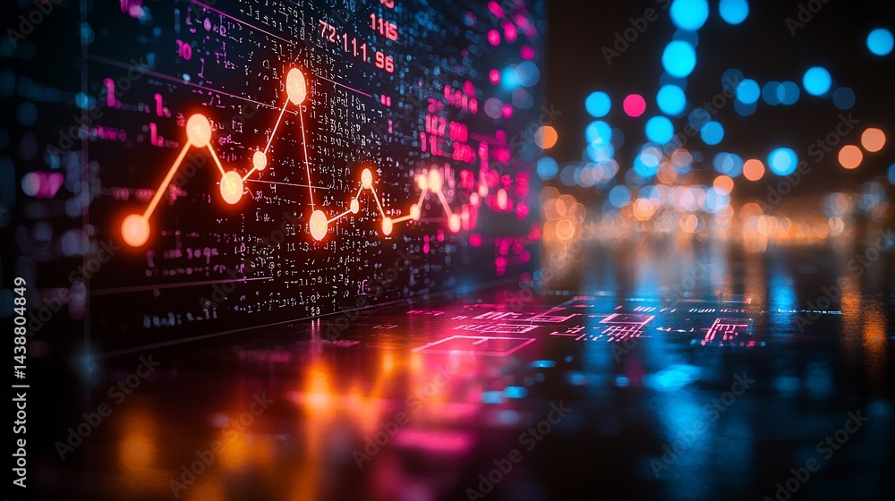 Stock market data graph at night, city lights Stock market data graph at night, city lights