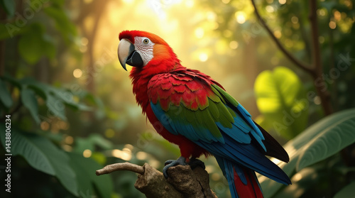 Wallpaper Mural Vibrant macaw with brilliant red, green, and blue plumage perched on branch in lush tropical rainforest Torontodigital.ca