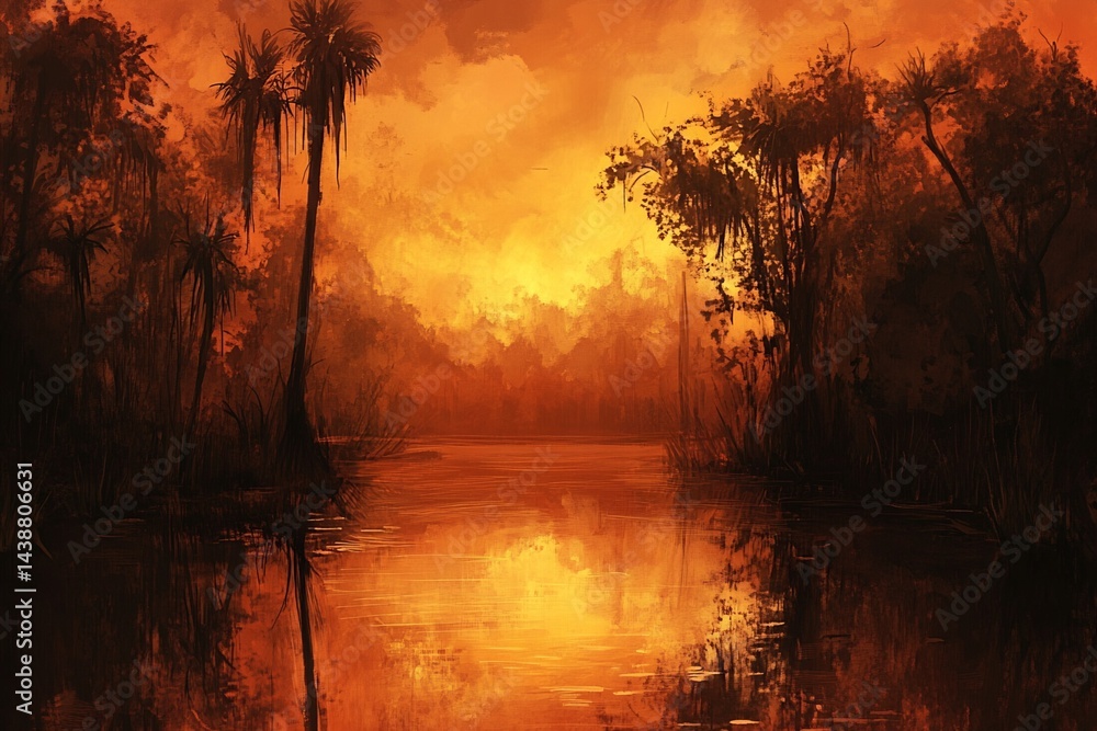 Naklejka premium Swamp Landscape at Sunset