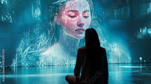 Woman meditating before a digital projection of a mystical forest scene