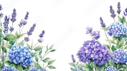 Elegant Watercolor Floral Border Design Lavender Hydrangeas Purple Flowers Botanical Illustration Romantic Wedding Invitation Template Soft Hues      