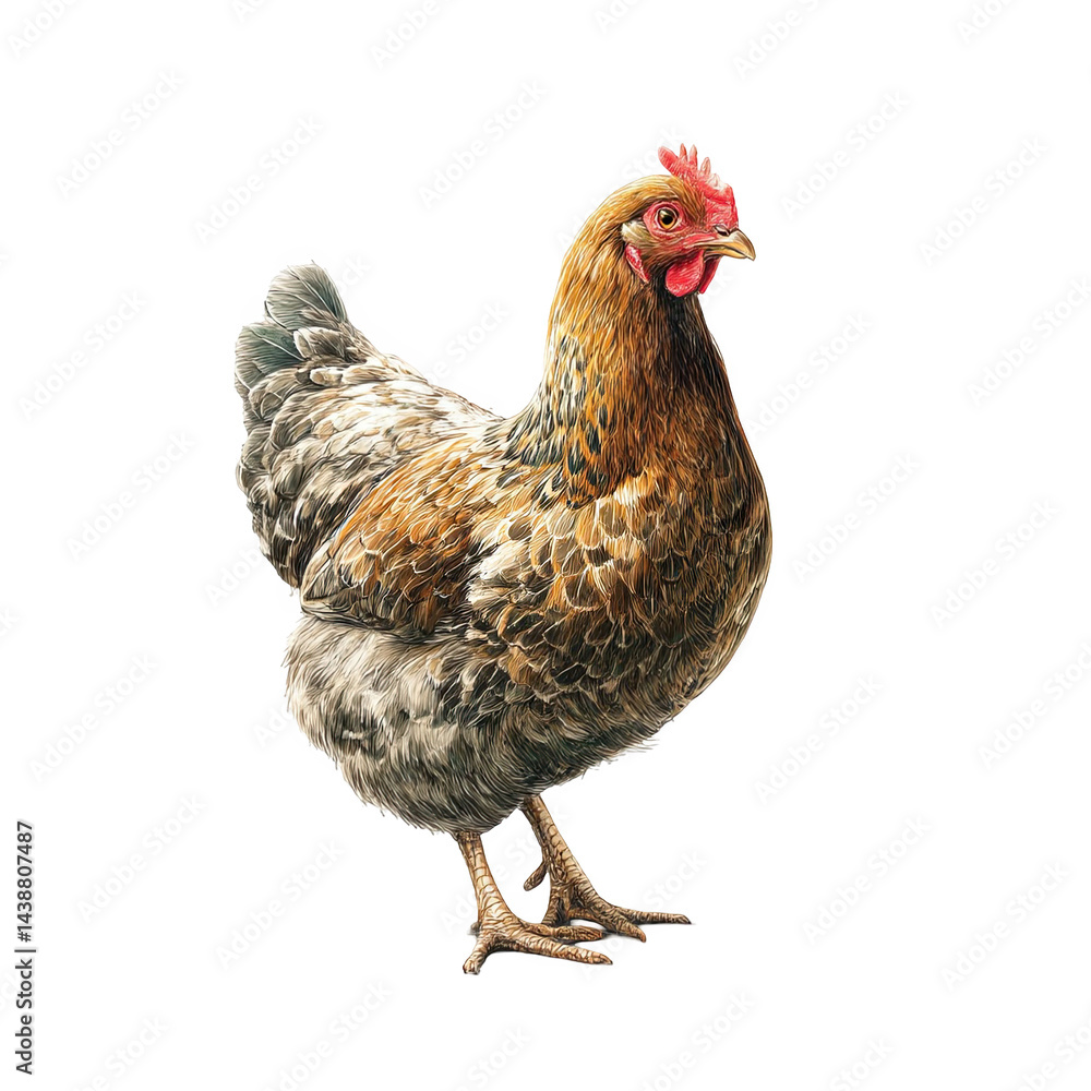Fototapeta premium Detailed illustration of a brown and grey hen on art leg fowl bird farm on transparent background