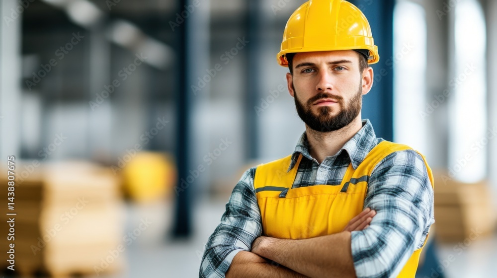 Confident Construction Worker with Hard Hat and Safety Vest in Warehouse Setting Confident Construction Worker with Hard Hat and Safety Vest in Warehouse Setting