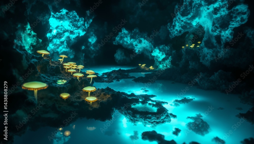 Fototapeta premium Obsidian shards float in blue resin within a glowing cave, showcasing geological formations and eerie beauty.