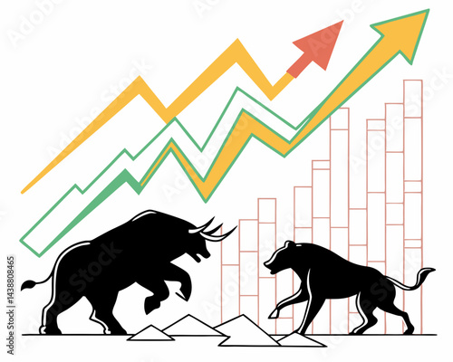Market Dynamics: An artistic depiction of the financial market, contrasting the bullish bull and the bearish bear, set against the backdrop of an upward trending graph.
