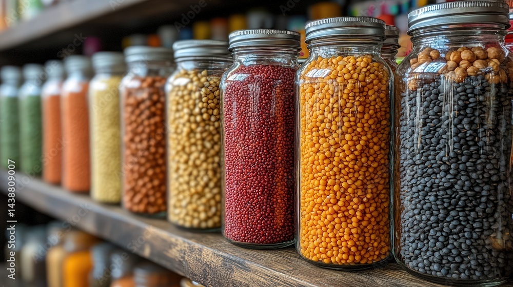 Colorful dried legumes in glass jars on wooden shelves Colorful dried legumes in glass jars on wooden shelves
