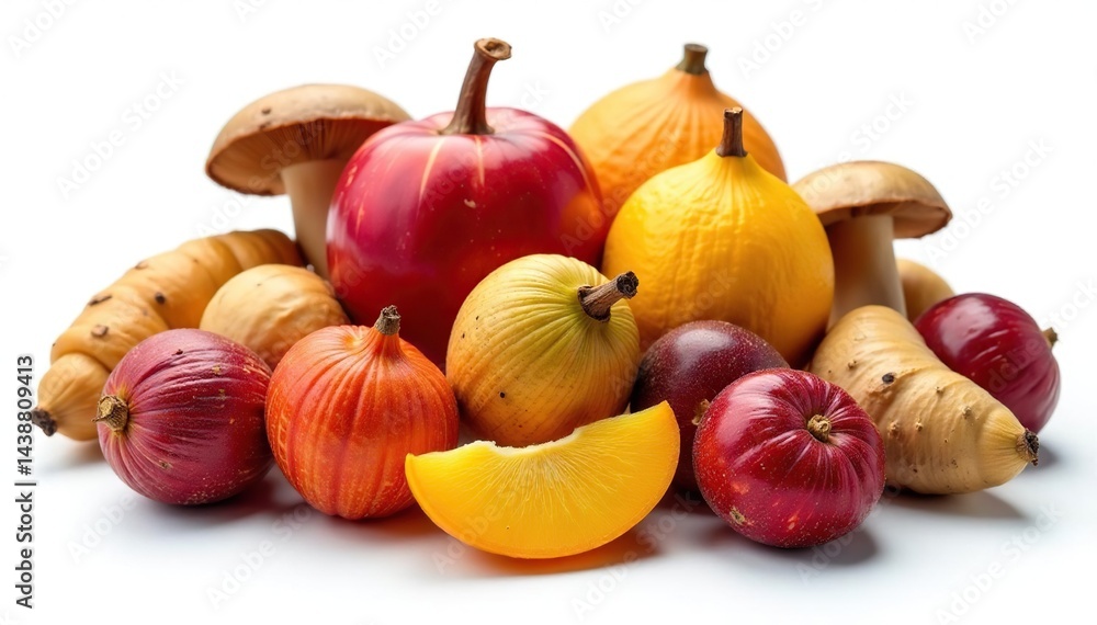 Fototapeta premium Assortment of dried fruits and mushrooms, isolated on white, porcini, vegetarian food, macro
