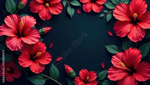 Bold hibiscus flowers, repeating motif, dark background , leaves, elegant