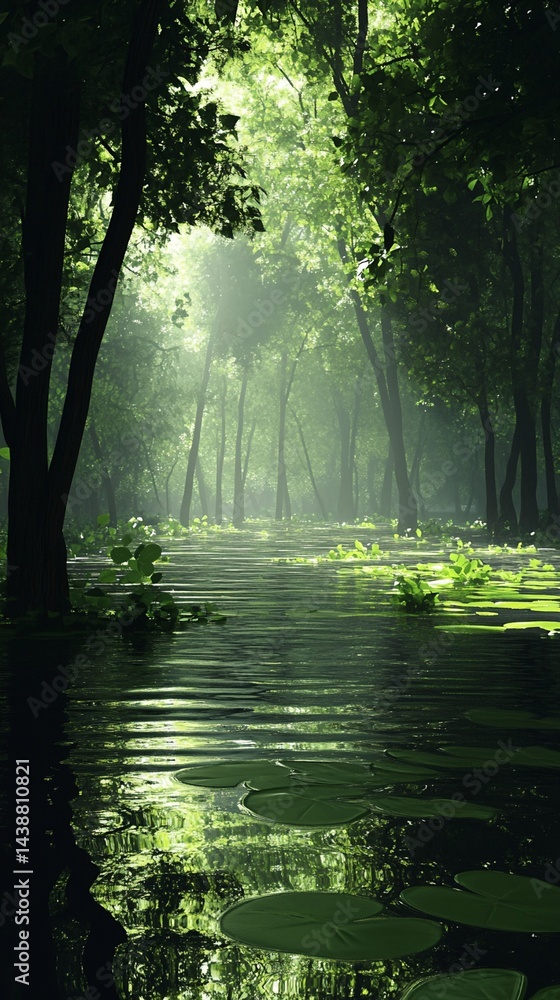 Obraz premium Flooded Forest Path with Lily Pads