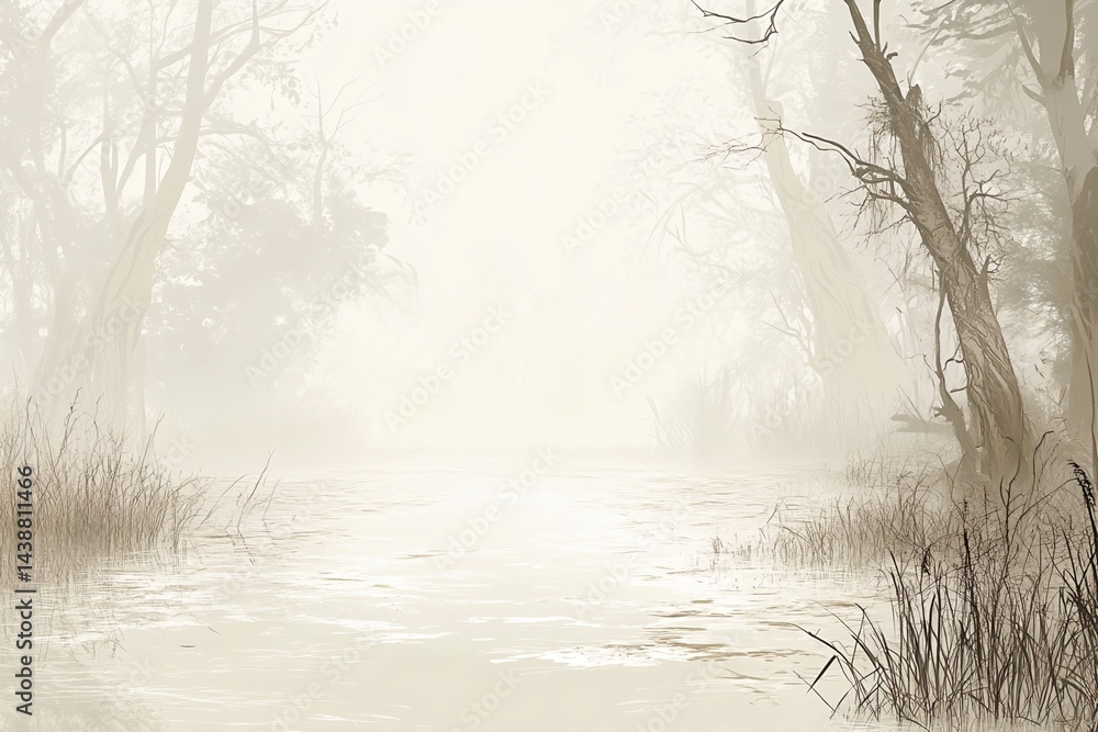 Fototapeta premium Foggy Waterway with Trees and Grasses