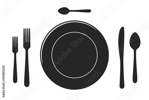 Table setting top view of a dinner plate with full set of knives and forks in silhouette vector