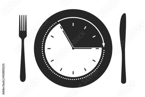 Dinner plate and cutlery with clock symbol for intermittent fasting diet concept in silhouette vector