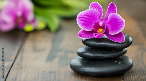 Serene Spa Still Life, Pink Orchid on Stacked Black Stones