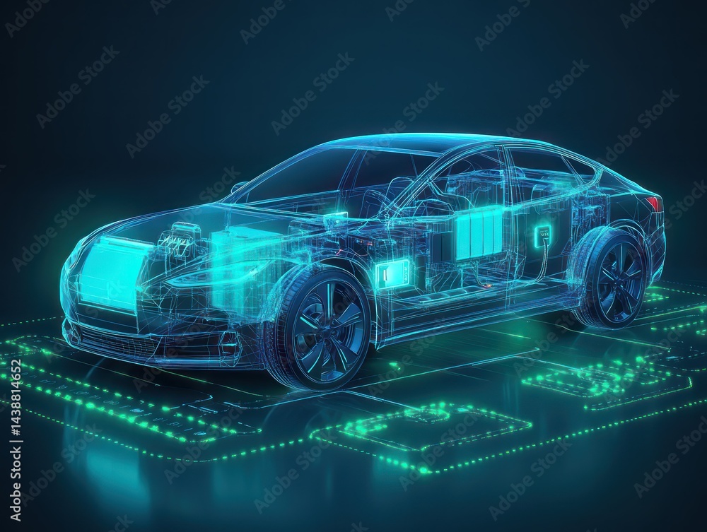 Electric Car with Digital Blueprint. Electric Car with Digital Blueprint.
