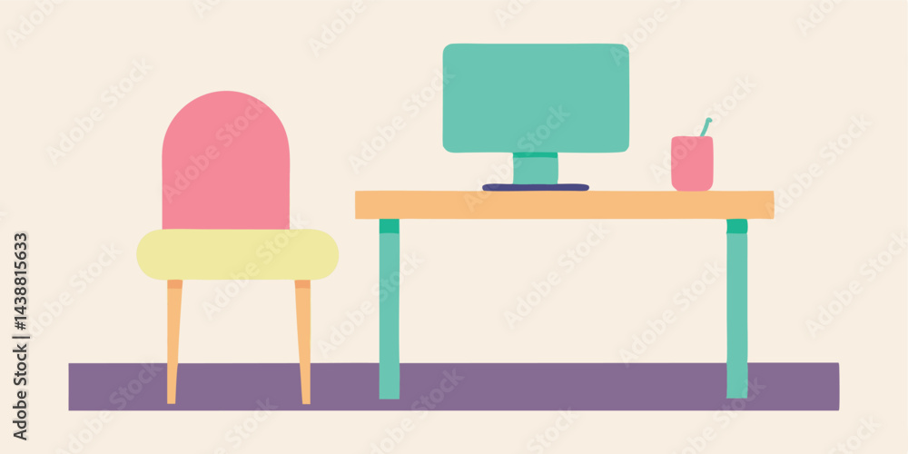 Minimalist Computer Desk with Pastel Chair for Cozy Home Office Vector Illustration Minimalist Computer Desk with Pastel Chair for Cozy Home Office Vector Illustration