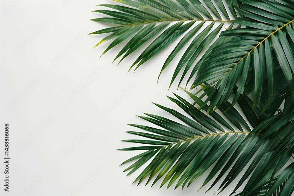 Naklejka premium Green palm leaves on a white wooden background. Background image of green tropical leaves with white texture. Flat lay tropical composition with copy space. Botanical wallpaper design concept. AIG51.