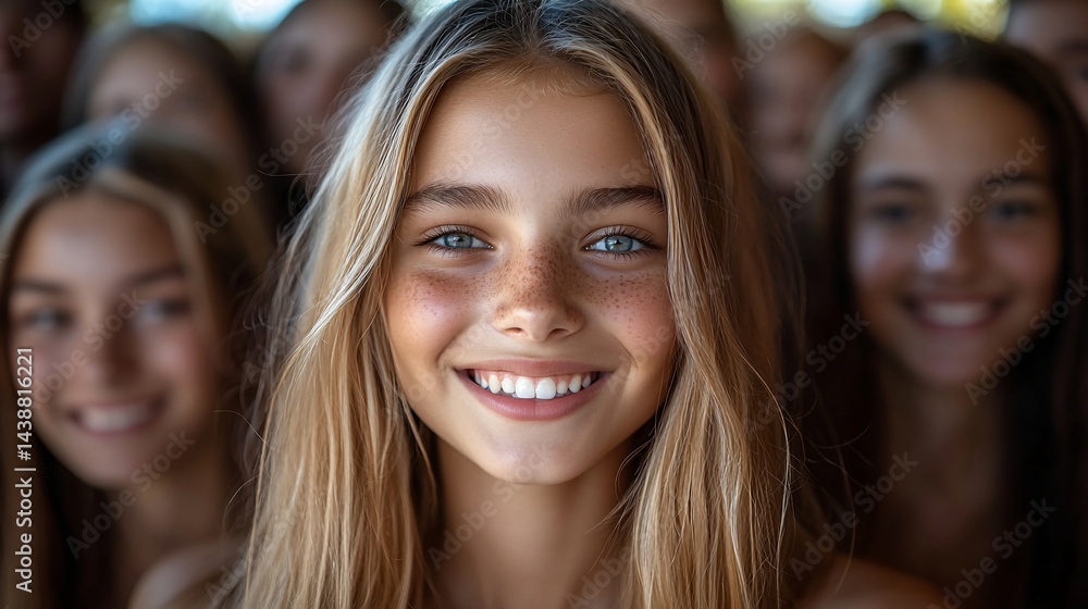 Happy girl smiling, surrounded by friends, outdoors, summer Happy girl smiling, surrounded by friends, outdoors, summer