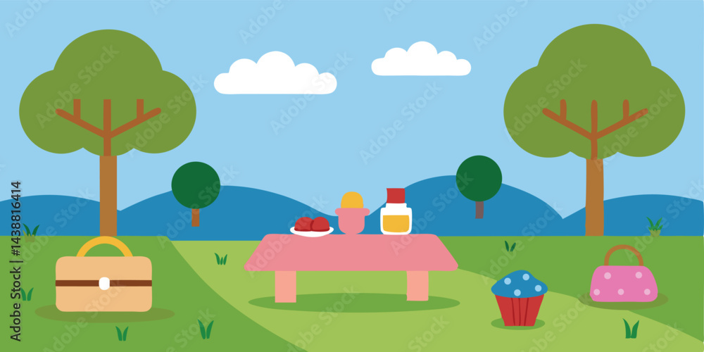 Cartoon Birthday Picnic Park Setting No People Vector Illustration Cartoon Birthday Picnic Park Setting No People Vector Illustration