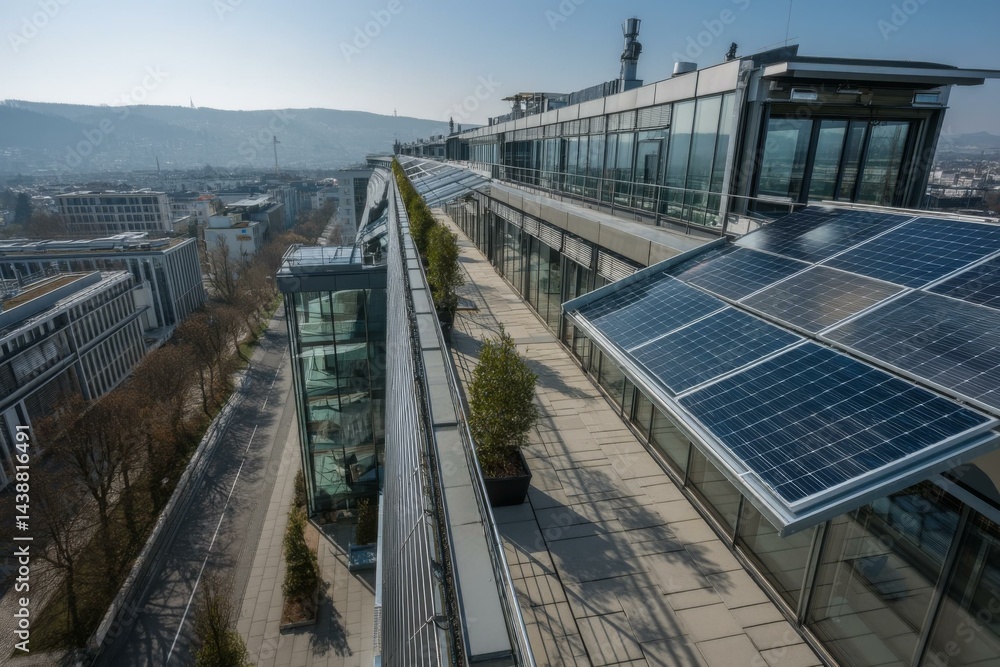 Fototapeta premium Rooftop solar panel installation on modern building providing sustainable energy for office spaces, city skyline view