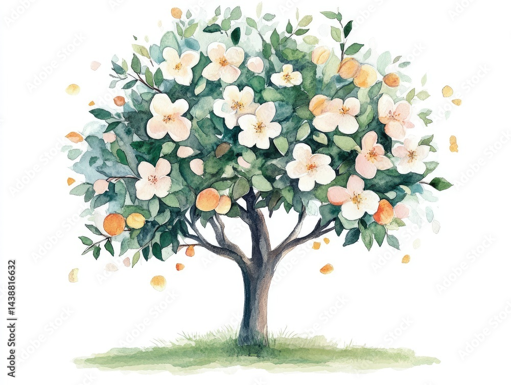 Fototapeta premium Watercolor illustration of a blossoming fruit tree with oranges and peach-colored flowers