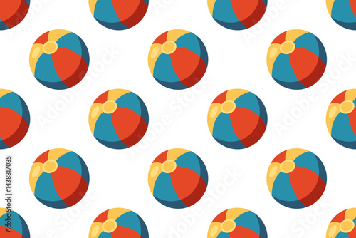 Seamless summer pattern with colorful cartoon inflatable beach balls in red, yellow and blue segments. Children background