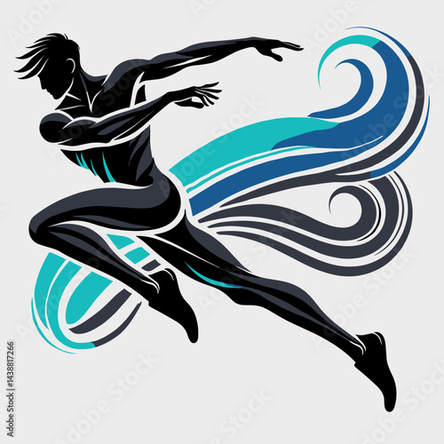 Athlete Running with Movement Swirls in Dynamic Style  