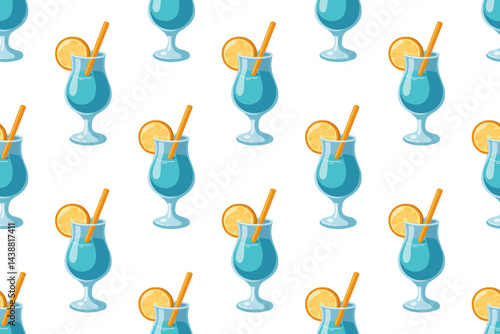 Seamless summer pattern with cartoon vector tropical cocktails on white background 