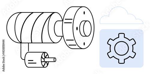 Rotating motor, coiled cylinder, gear icon in cloud panel. Ideal for engineering, automation, IoT, manufacturing, technology, mechanical design simple landing page