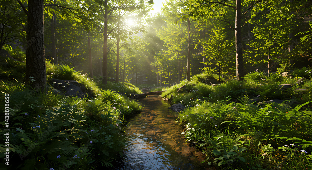 Sunlit Forest Stream, Lush Greenery, Tranquil Nature Scene Sunlit Forest Stream, Lush Greenery, Tranquil Nature Scene