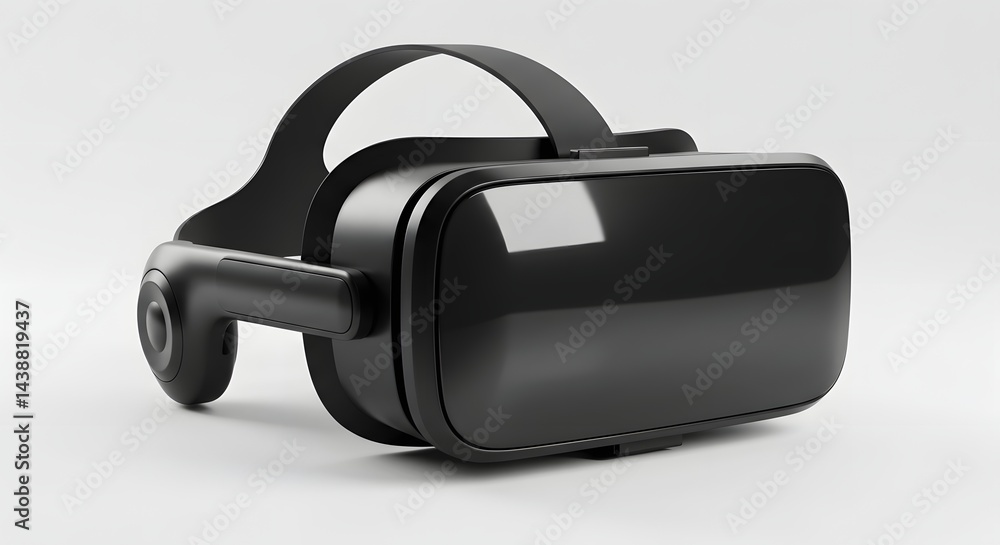 High-resolution image of a modern black VR headset with reflective lenses, placed on a white background High-resolution image of a modern black VR headset with reflective lenses, placed on a white background