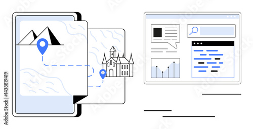 Digital tablet showing travel map with location pointer, mountain and castle landmarks. Adjacent dashboard includes analytics, search bar, and charts. Ideal for travel, navigation, tourism, itinerary