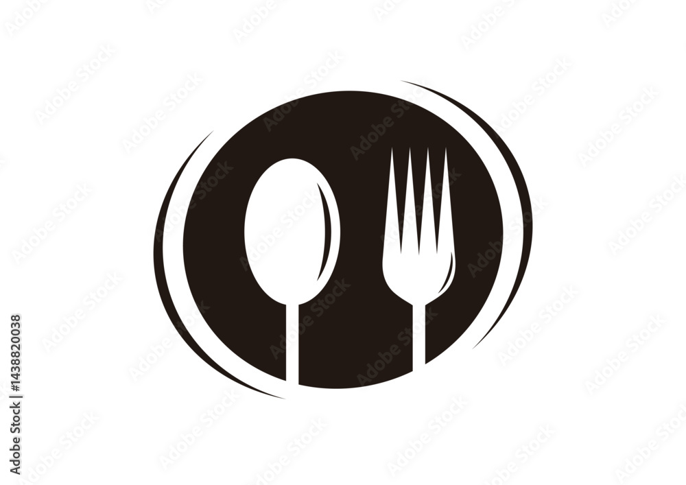 Black round shape with spoon and fork vector silhouette on white background. Spoon and fork icon sign illustration design. Black round shape with spoon and fork vector silhouette on white background. Spoon and fork icon sign illustration design.