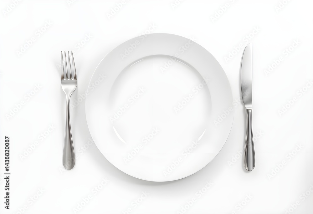 Empty white plate with fork and knife on white background. Empty plate template. Classic dining setup with fork and knife next to plate. Plate template for inserting food. Empty white plate with fork and knife on white background. Empty plate template. Classic dining setup with fork and knife next to plate. Plate template for inserting food.