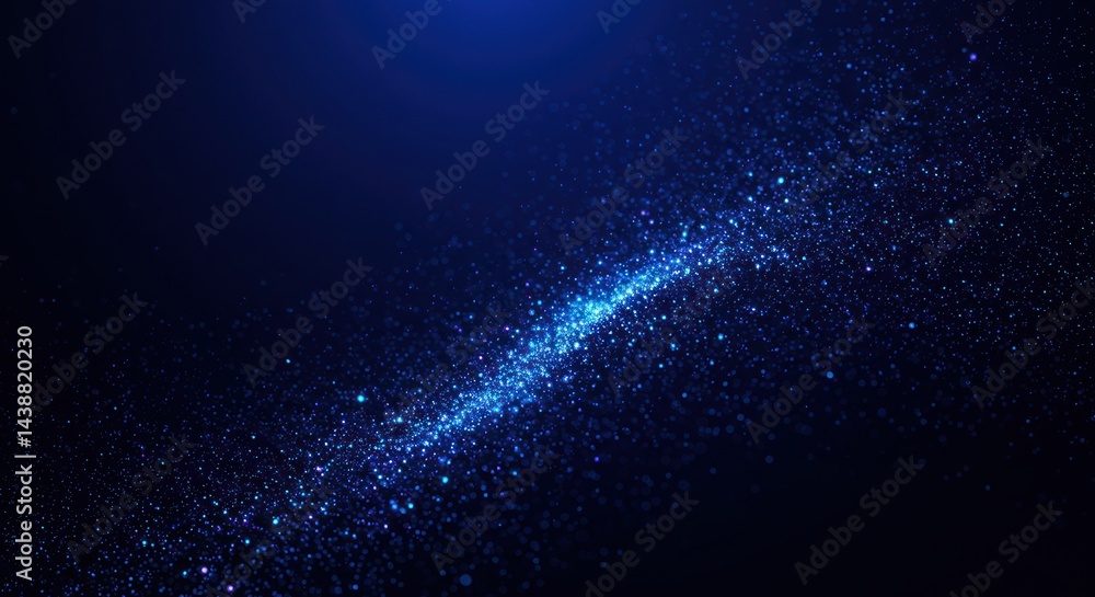Fototapeta premium Abstract dark blue background with a glowing trail of light and particles.