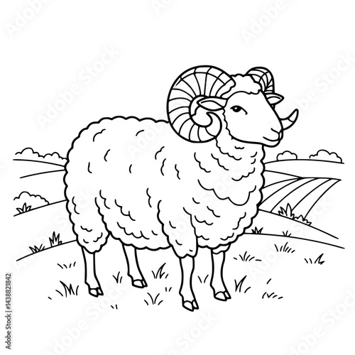 Ram standing in a field against a rural background Line Icon - Simple Vector Outline in minimalistic black and white design 