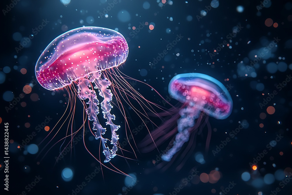 Two glowing jellyfish in deep ocean Two glowing jellyfish in deep ocean