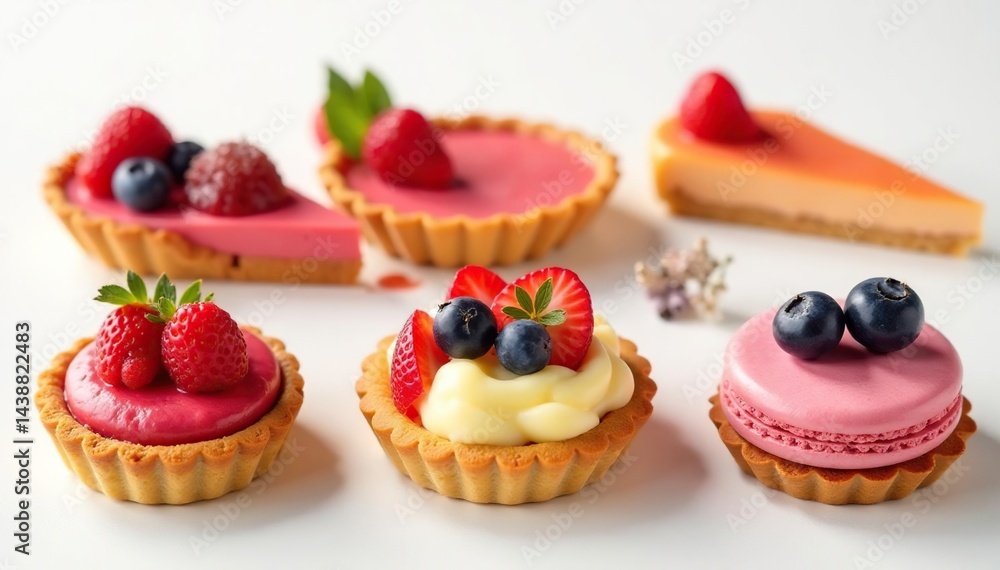 Assorted pastries, fruit tarts, macarons on white , ingredients, clean Assorted pastries, fruit tarts, macarons on white , ingredients, clean