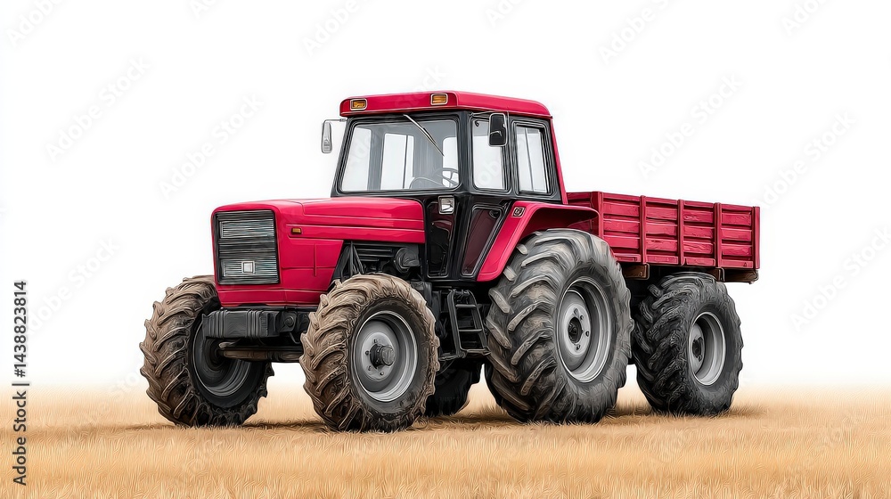 Classic red tractor with flatbed trailer parked on harvested field rustic farming equipment rural agriculture machine symbolizing traditional farming lifestyle countryside machinery food production Classic red tractor with flatbed trailer parked on harvested field rustic farming equipment rural agriculture machine symbolizing traditional farming lifestyle countryside machinery food production