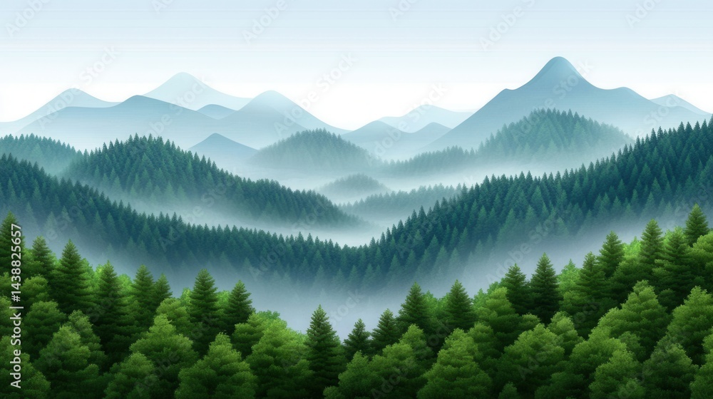 Fototapeta premium Serene Landscape with Pine Forests and Majestic Mountains in Background