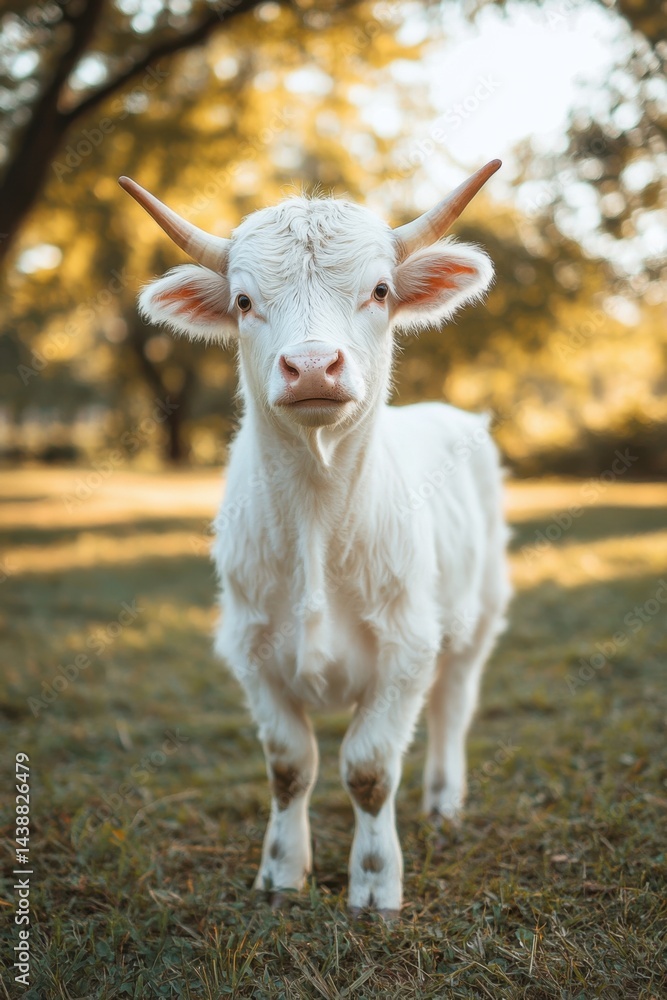 Fototapeta premium White calf in a grassy field