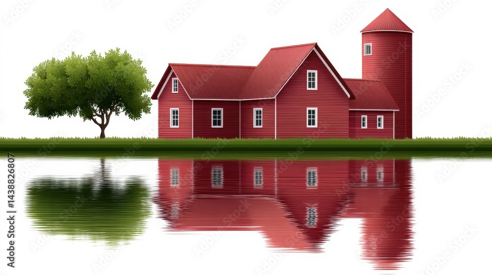 Red farmhouse and silo reflecting on calm lake surrounded by green landscape under clear sky representing rural farming landscape agricultural tradition and countryside serenity concept Red farmhouse and silo reflecting on calm lake surrounded by green landscape under clear sky representing rural farming landscape agricultural tradition and countryside serenity concept