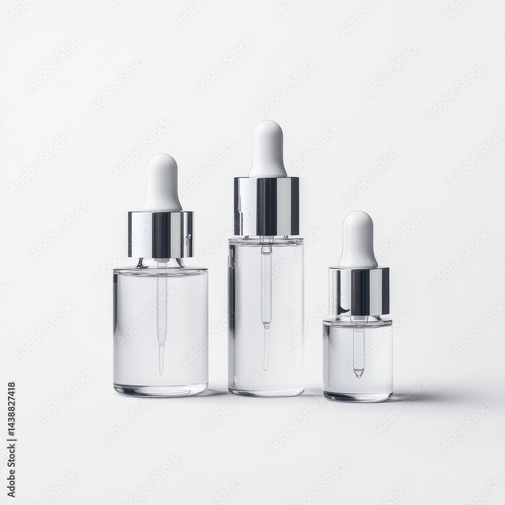 Clear glass dropper bottles with white droppers on a clean white background Clear glass dropper bottles with white droppers on a clean white background