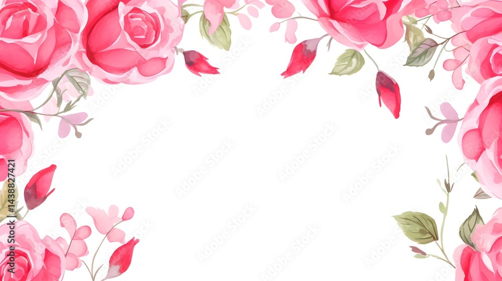 Fototapeta premium Pink rose abstract frame design for greeting card with elegant floral elements